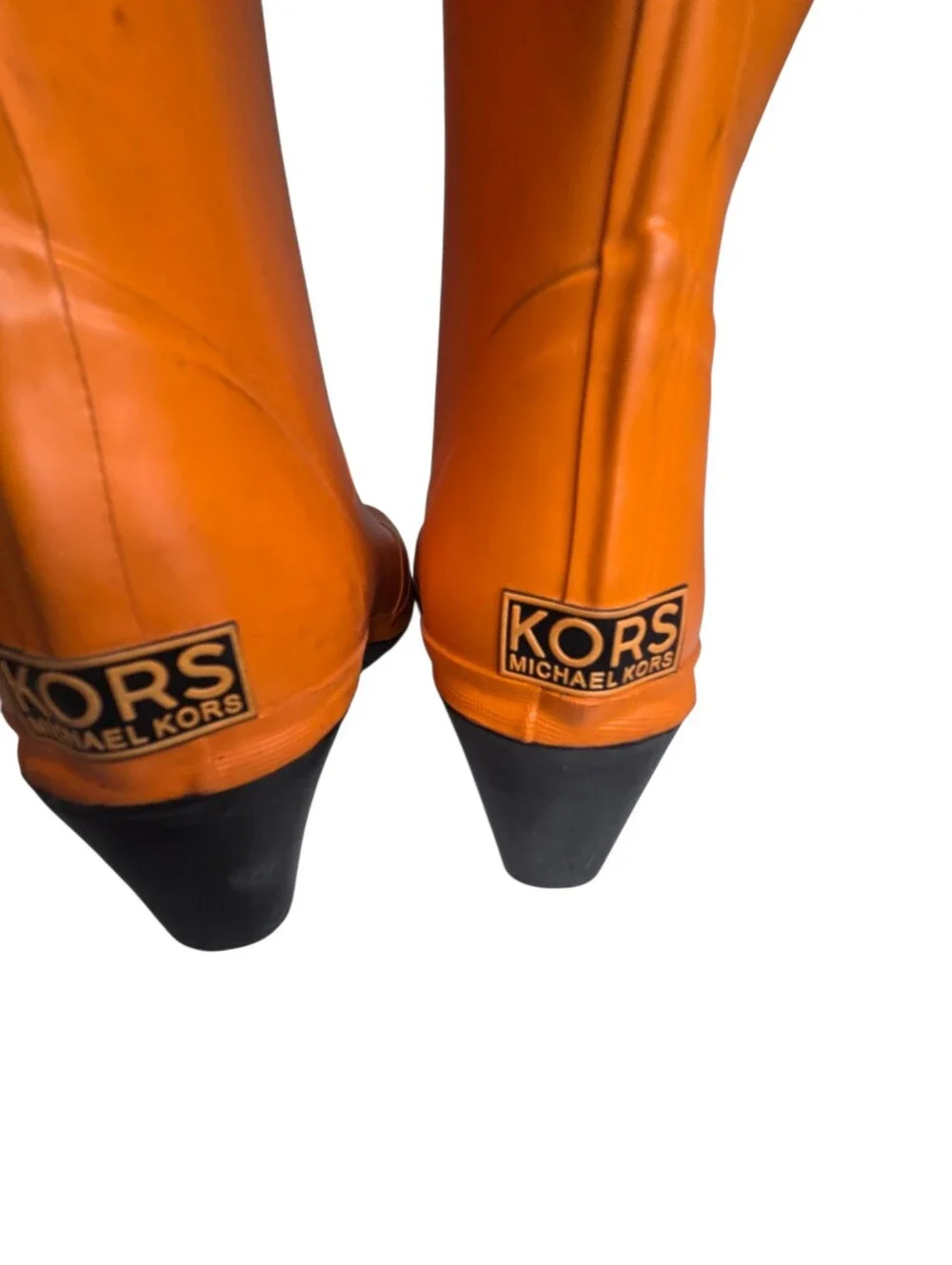 KORS Michael Kors Rain Boots Orange Wedge Buckle Knee High Tall Rubber Womens 8